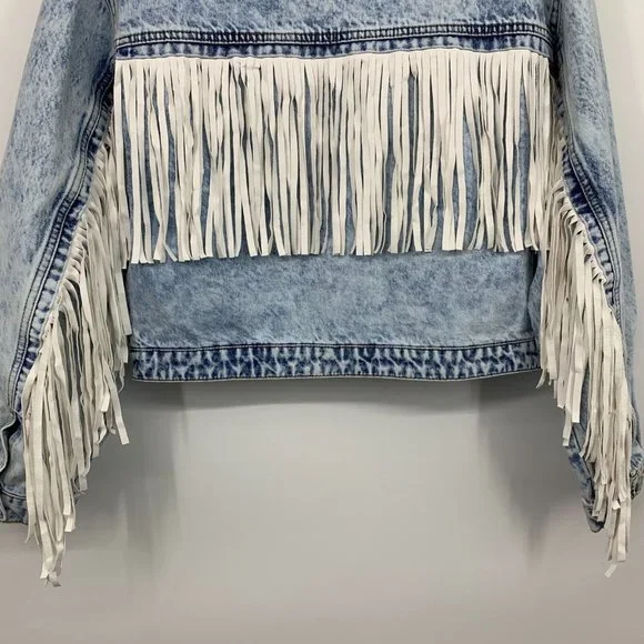 BlankNYC Jacket Nice Try Blue Denim White Fringe Button - Picture 12 of 14